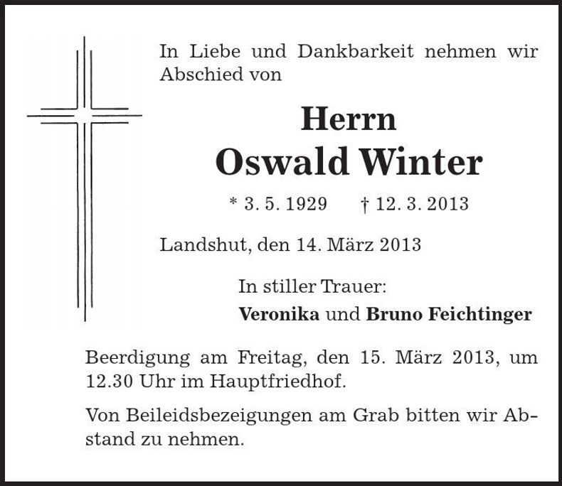 Traueranzeige Oswald Winter