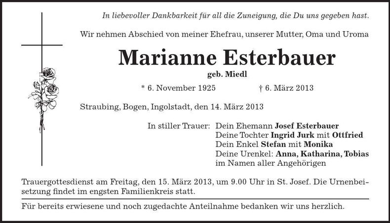 Traueranzeige Marianne Esterbauer