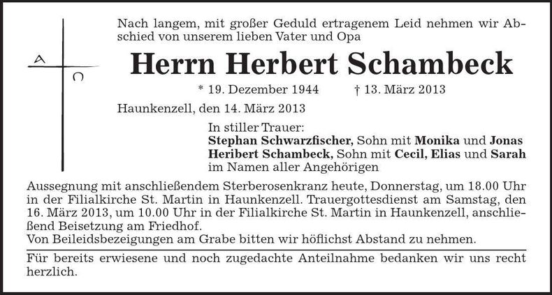 Traueranzeige Herbert Schambeck