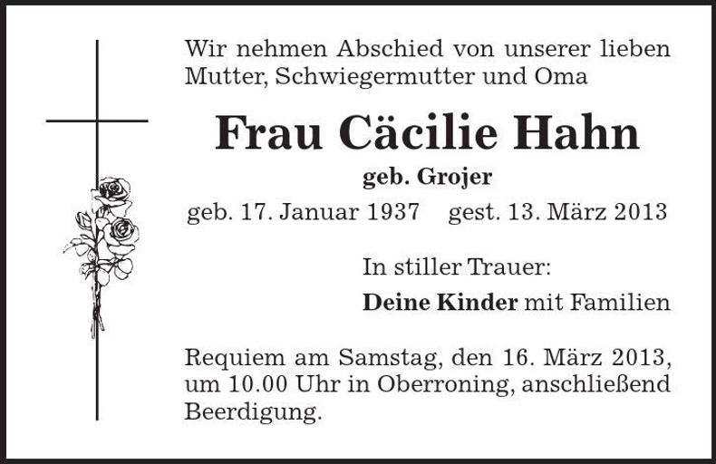 Traueranzeige Cäcilia Hahn