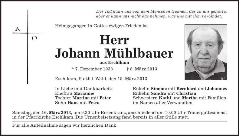 Traueranzeige Johann Mühlbauer