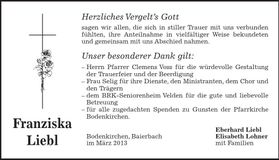 Traueranzeige Franziska Liebl