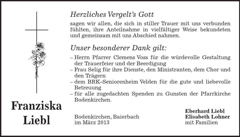 Traueranzeige Franziska Liebl