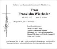Traueranzeige Franziska Wiethaler
