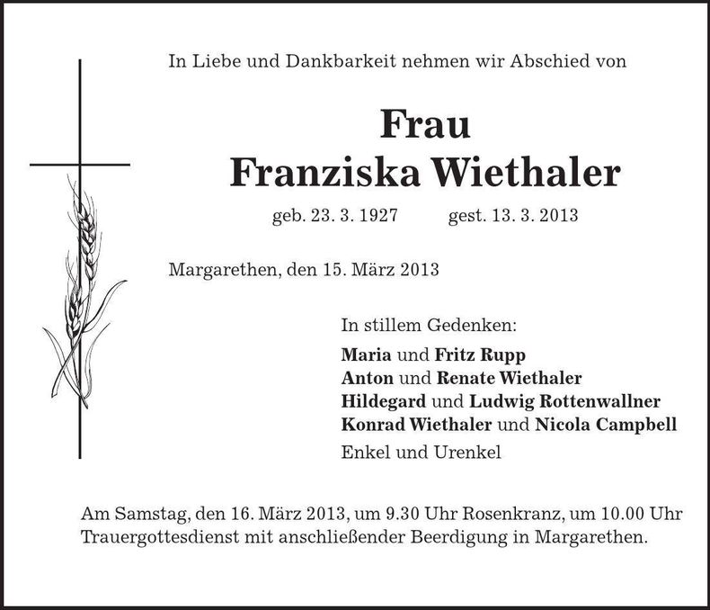 Traueranzeige Franziska Wiethaler