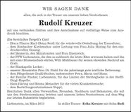 Traueranzeige Rudolf Kreuzer