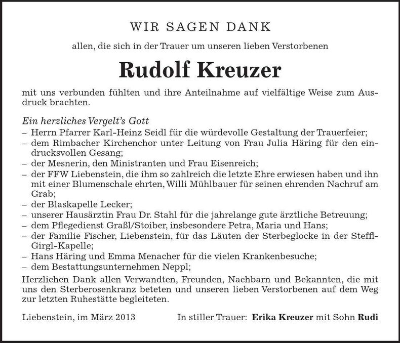 Traueranzeige Rudolf Kreuzer