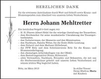 Traueranzeige Johann Mehltretter