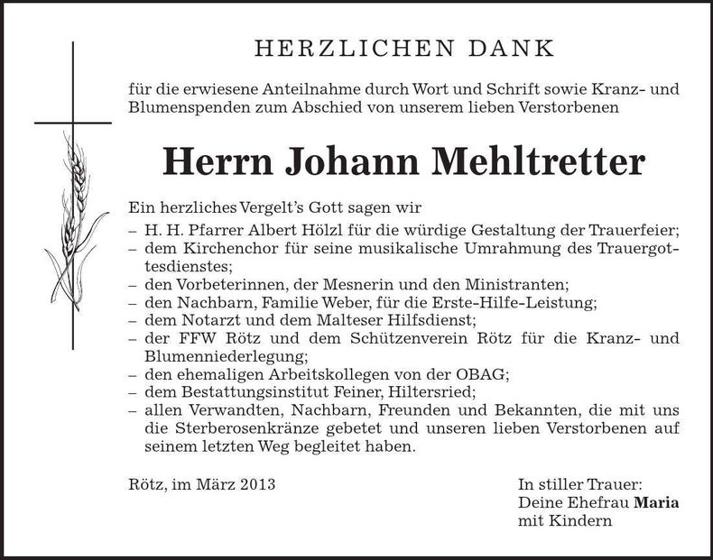 Traueranzeige Johann Mehltretter
