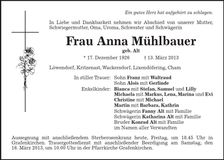 Traueranzeige Anna Mühlbauer