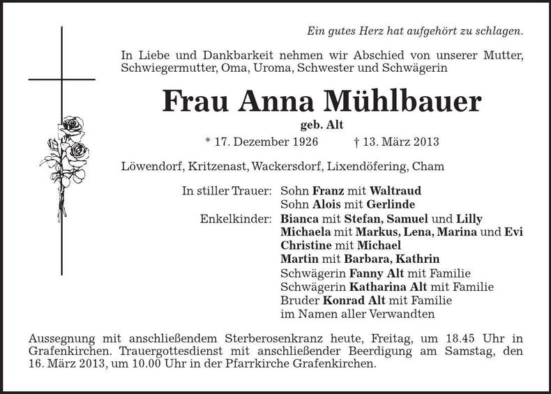 Traueranzeige Anna Mühlbauer