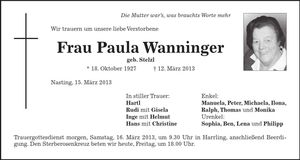Traueranzeige Paula Wanninger