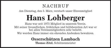 Traueranzeige Hans Lohberger