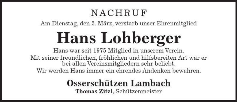 Traueranzeige Hans Lohberger