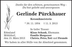 Traueranzeige Gerlinde Pürckhauser