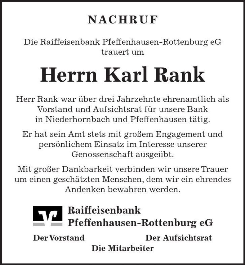 Traueranzeige Karl Rank