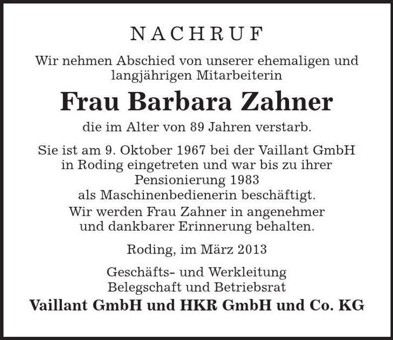 Traueranzeige Barbara Zahner