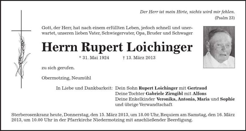 Traueranzeige Rupert Loichinger