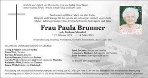 Traueranzeige Paula Brunner