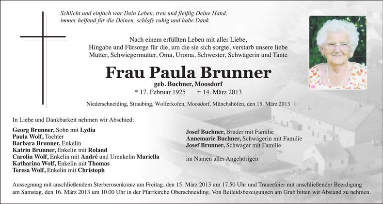 Traueranzeige Paula Brunner