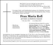 Traueranzeige Maria Roß