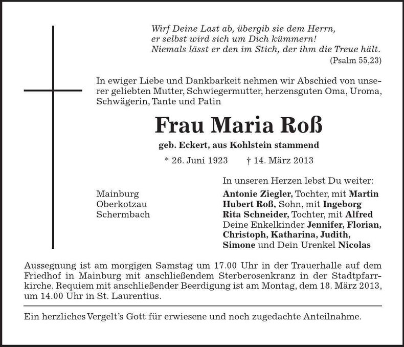Traueranzeige Maria Roß
