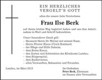 Traueranzeige Ilse Berk