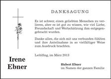 Traueranzeige Irene Ebner