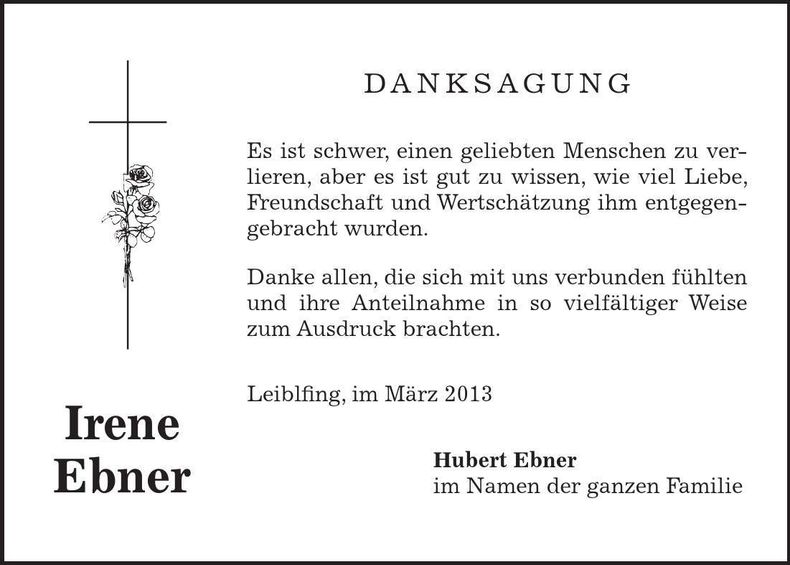 Traueranzeige Irene Ebner