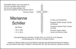Traueranzeige Marianne Schiller