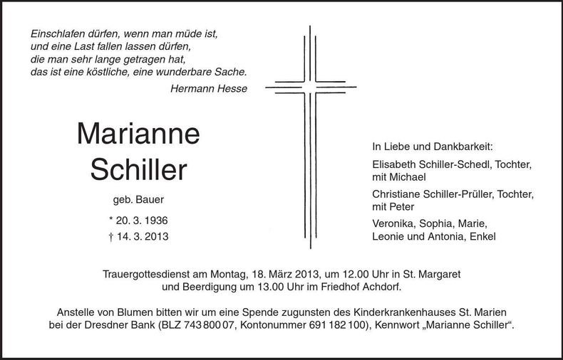 Traueranzeige Marianne Schiller