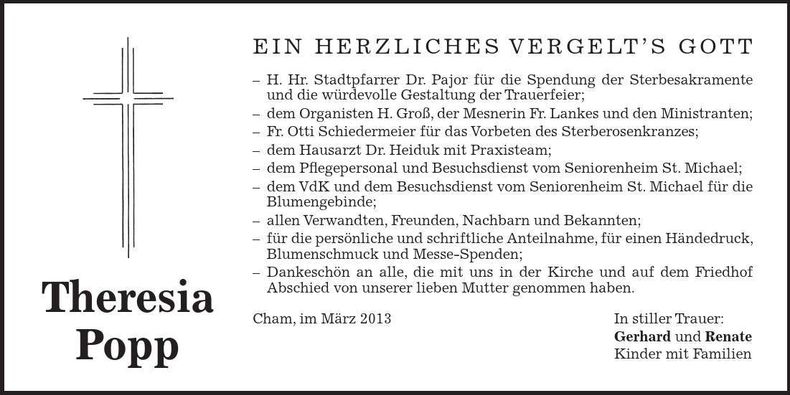 Traueranzeige Theresia Popp