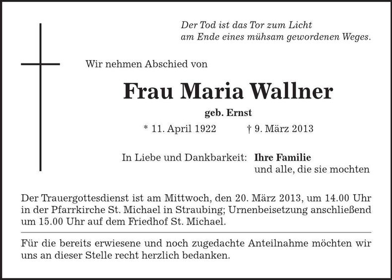 Traueranzeige Maria Wallner
