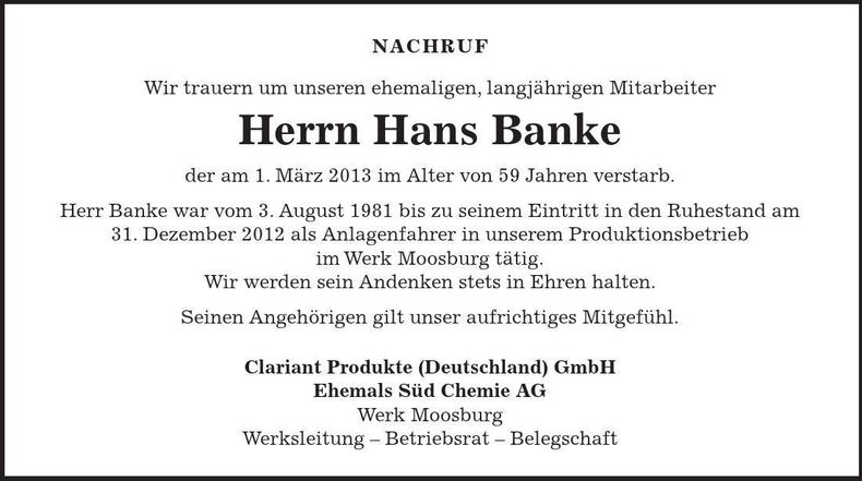 Traueranzeige Hans Banke