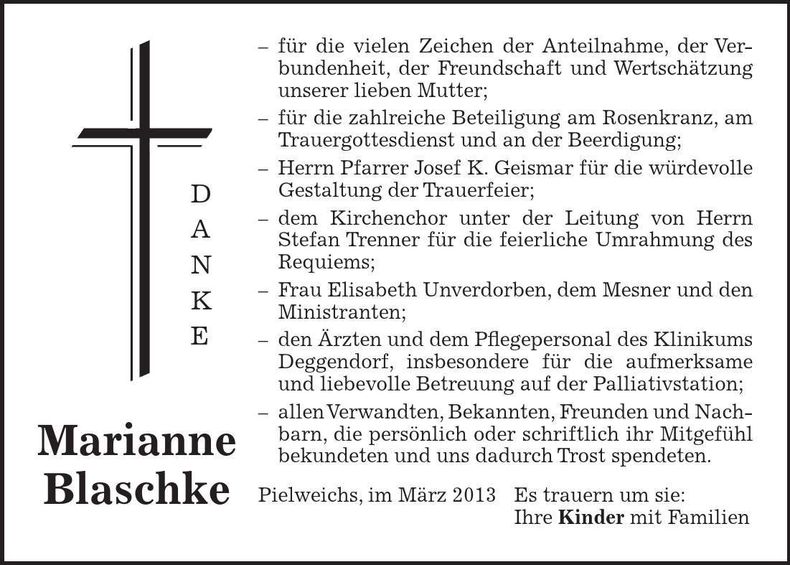 Traueranzeige Marianne Blaschke