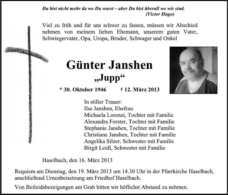 Traueranzeige Günter Janshen