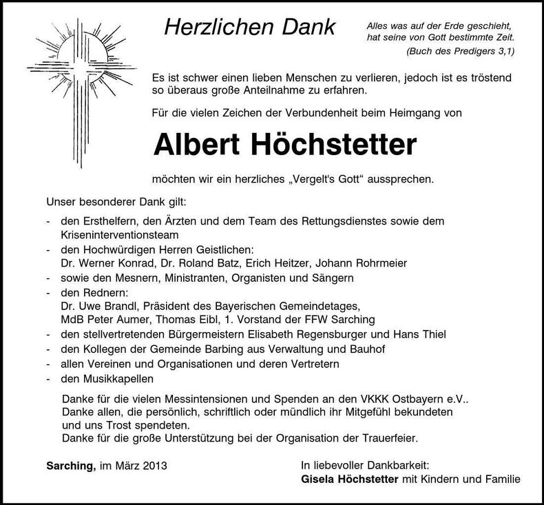 Traueranzeige Albert Höchstetter