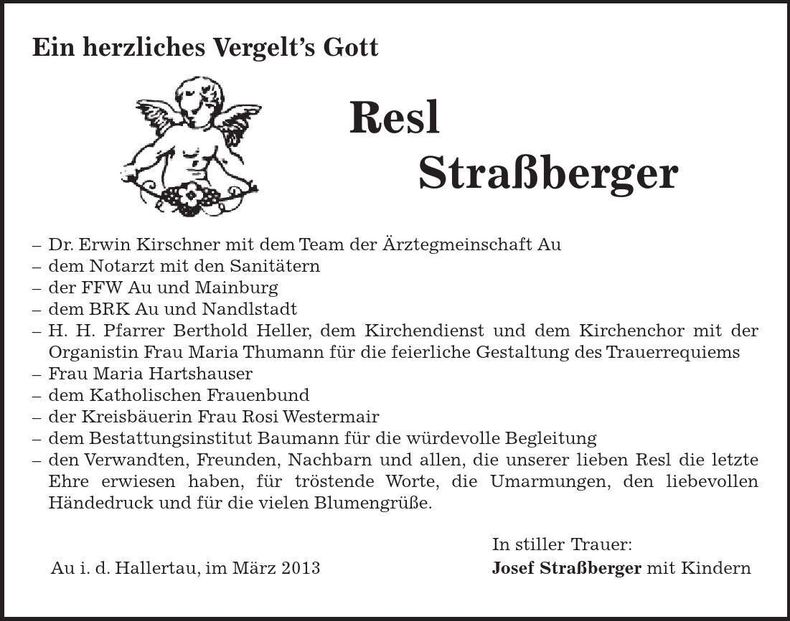 Traueranzeige Resl Straßberger