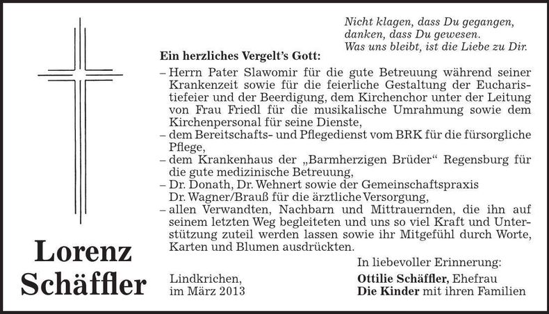 Traueranzeige Lorenz Schäffler