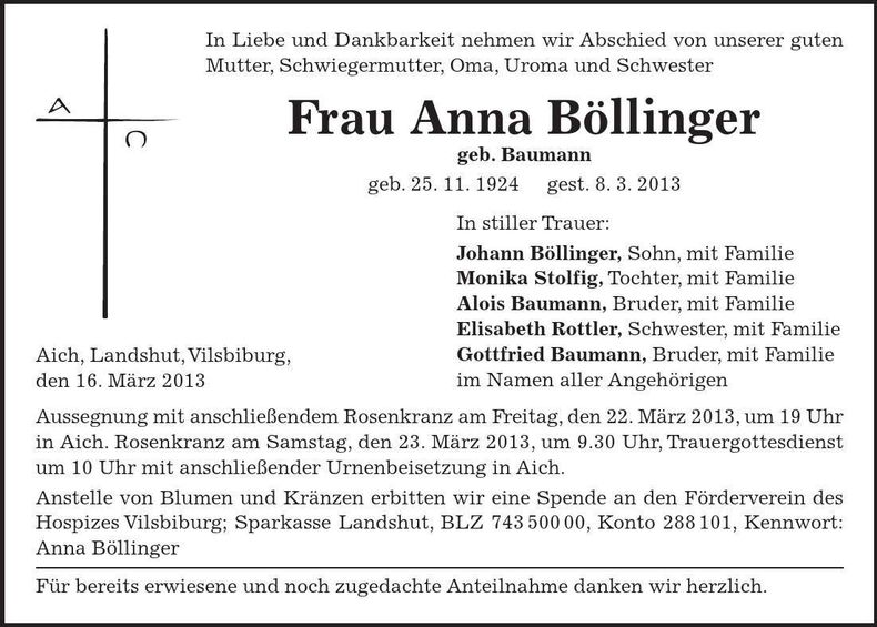Traueranzeige Anna Böllinger