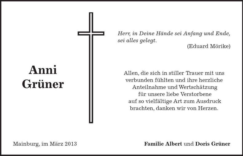 Traueranzeige Anni Grüner