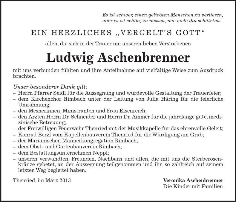 Traueranzeige Ludwig Aschenbrenner