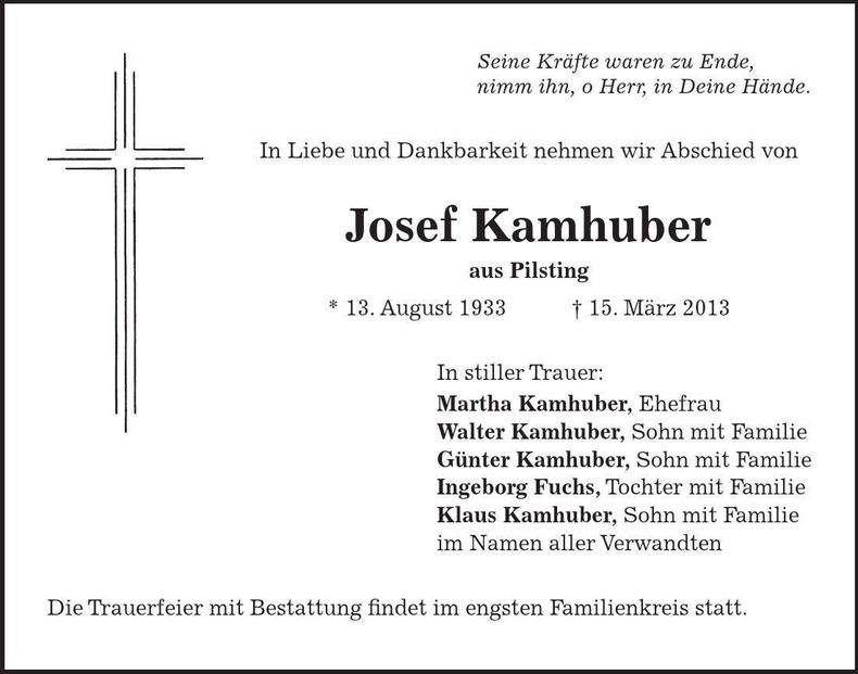 Traueranzeige Josef Kamhuber