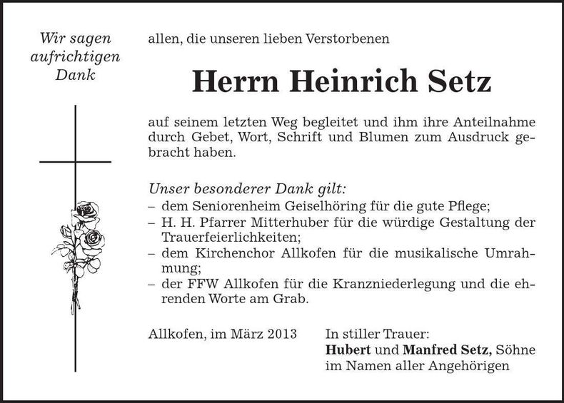 Traueranzeige Heinrich Setz