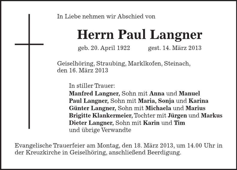Traueranzeige Paul Langner