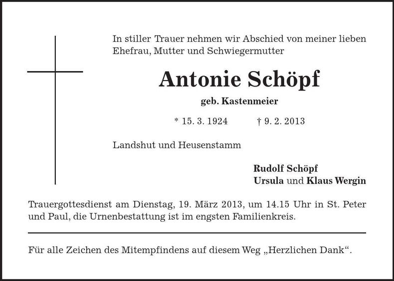 Traueranzeige Antonie Schöpf