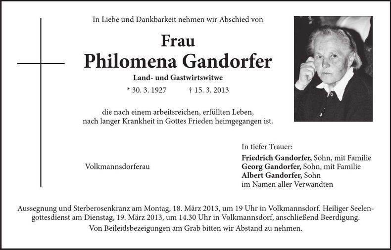 Traueranzeige Philomena Gandorfer