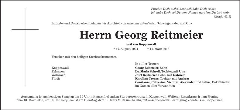 Traueranzeige Georg Reitmeier