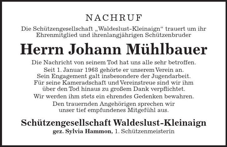 Traueranzeige Johann Mühlbauer