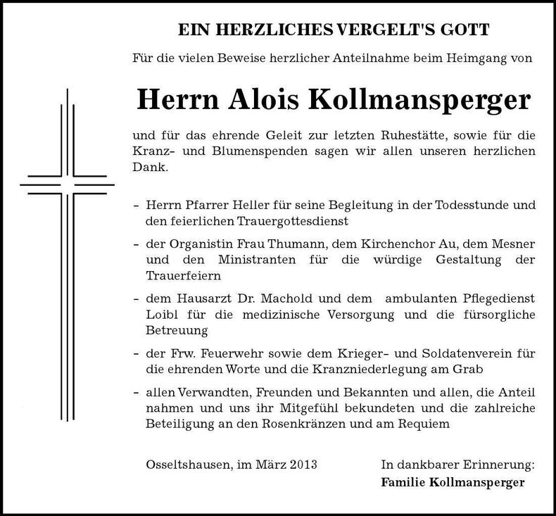 Traueranzeige Alois Kollmansperger